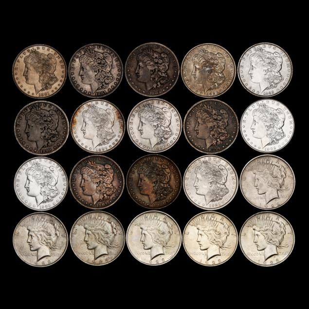 mixed-roll-of-fourteen-14-morgan-silver-dollars-and-six-6-peace-silver-dollars