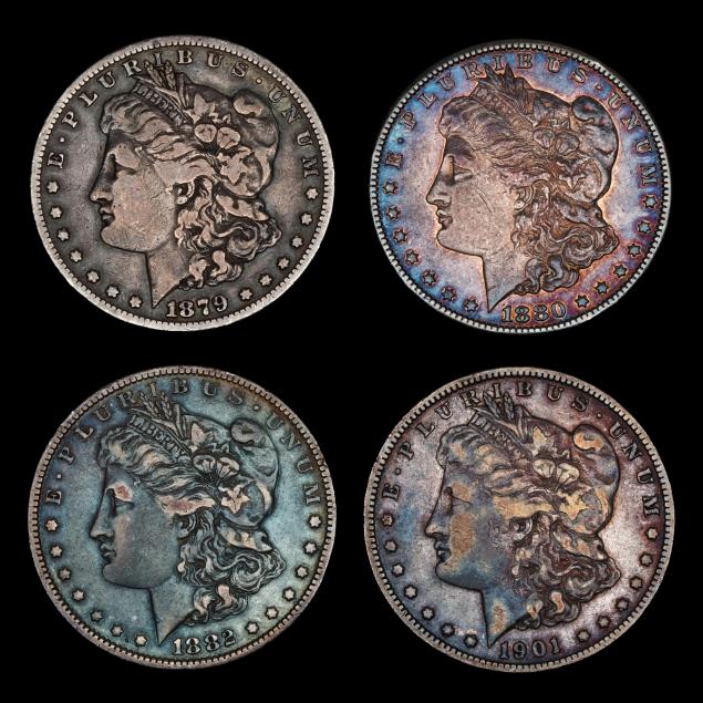 four-4-heavily-toned-morgan-silver-dollars