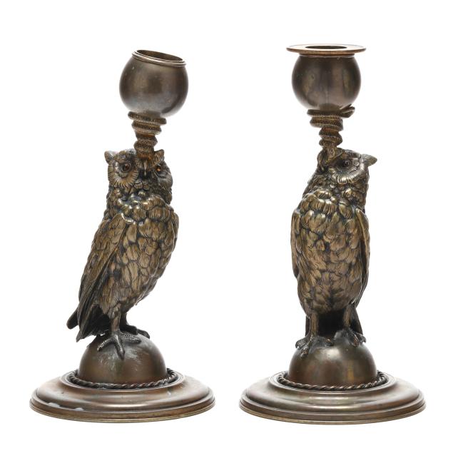 pair-of-patinated-metal-owl-and-snake-candleholders