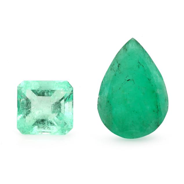 a-loose-24-10-carat-pear-cut-emerald-and-a-loose-11-05-carat-emerald-cut-green-beryl