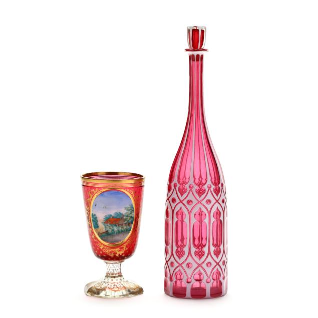 bohemian-cranberry-glass-decanter-and-a-goblet