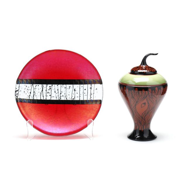 studio-glass-dish-and-lidded-ceramic-vessel-signed