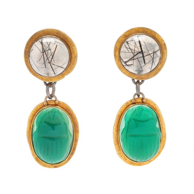 silver-gold-quartz-and-carved-chalcedony-scarab-motif-earrings