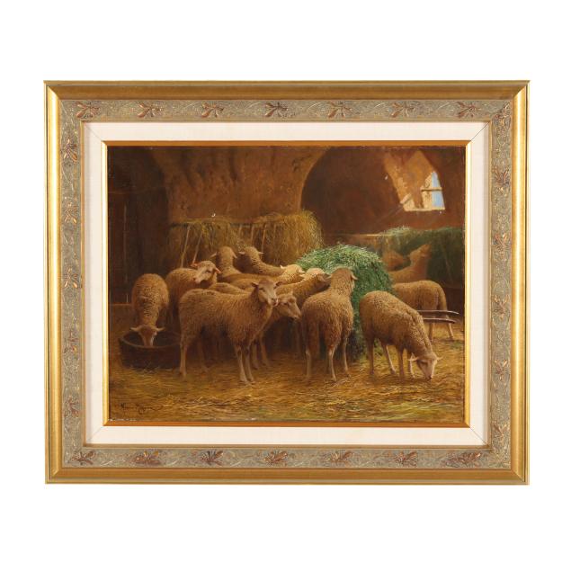 maurice-rousseau-french-19th-century-barn-scene-with-sheep-feeding