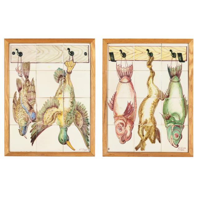 two-framed-fabrica-sant-anna-tile-murals-of-hanging-fish-and-fowl