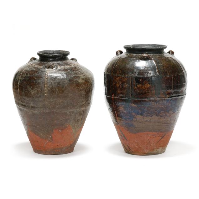a-near-pair-of-large-asian-three-handled-terracotta-pots