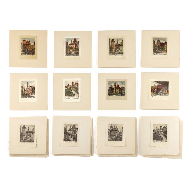 ernst-giessendorfer-german-1908-1993-a-large-group-of-miniature-etchings-of-german-town