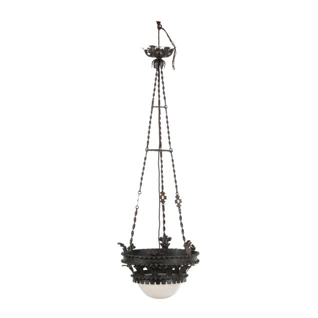 a-vintage-wrought-iron-pendant-light-with-glass-shade