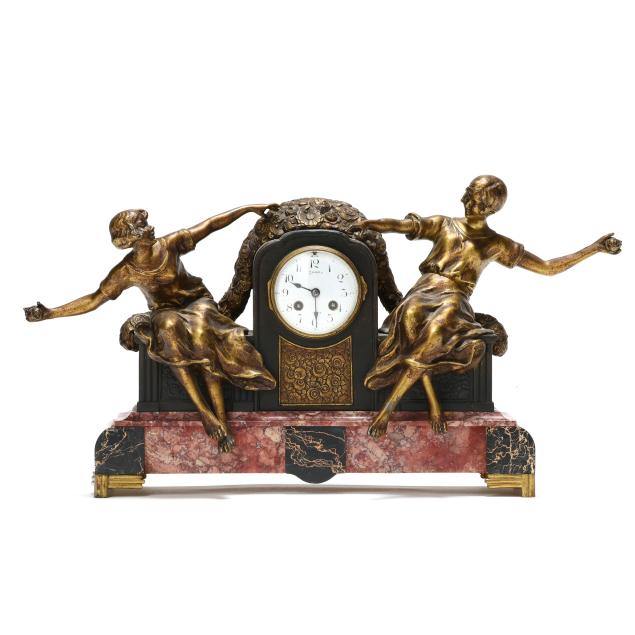 art-deco-figural-gilt-spelter-and-marble-mantel-clock-signed-saget-nantes