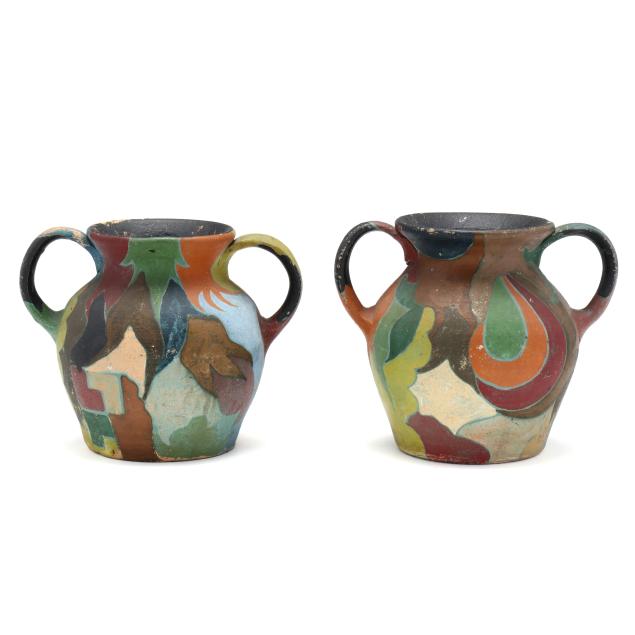 near-pair-of-art-deco-abstract-painted-dual-handled-pottery-vases