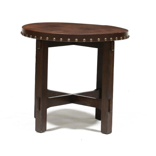 mission-oak-leather-top-circular-table