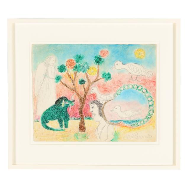 minnie-evans-nc-1892-1987-untitled-green-animals-angels-and-birds