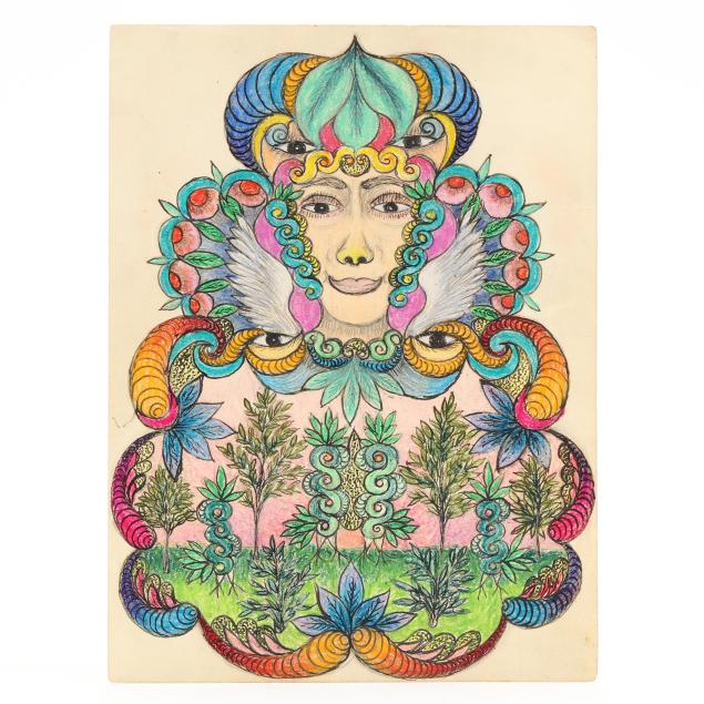 minnie-evans-nc-1892-1987-untitled-face-with-garden