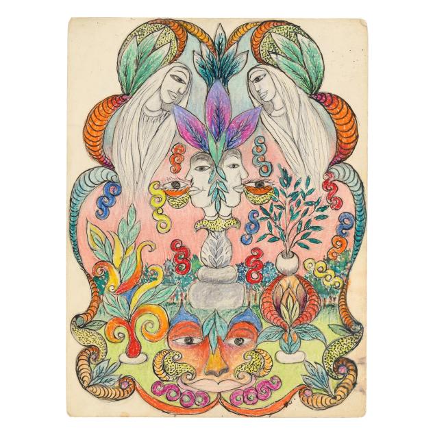 minnie-evans-nc-1892-1987-untitled-faces-with-garden-and-statuary