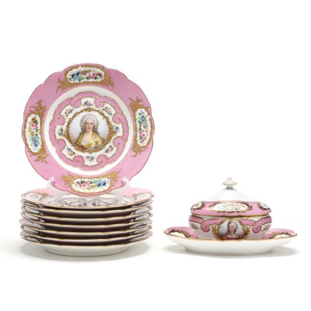 eight-pink-sevres-type-porcelain-royal-portrait-plates-and-gravy-boat