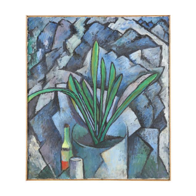 james-p-clark-american-1923-2015-i-blue-painting-with-green-plant-i
