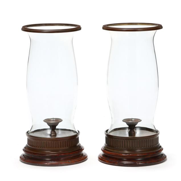attributed-theodore-alexander-pair-of-bronze-and-wood-candle-stands-with-glass-hurricane-shades