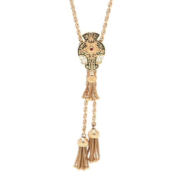 vintage-gold-enamel-and-gem-set-slide-tassel-necklace