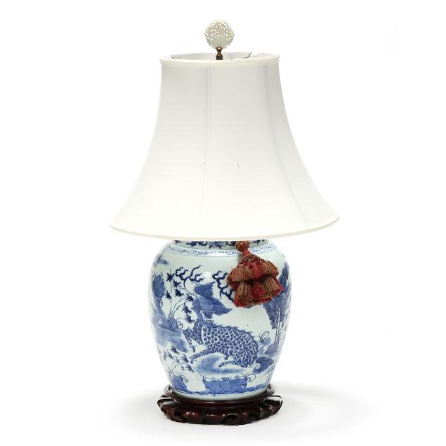 a-large-chinese-porcelain-blue-and-white-jar-lamp-with-i-qilin-i