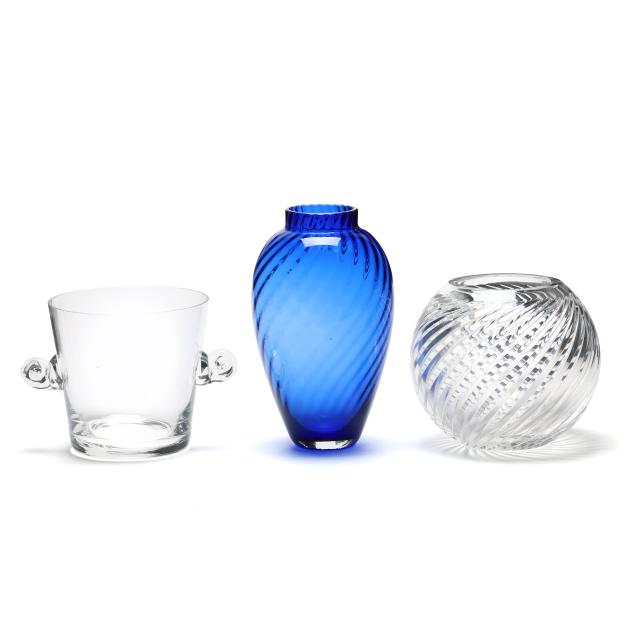 two-tiffany-co-glass-vases-and-an-ice-bucket