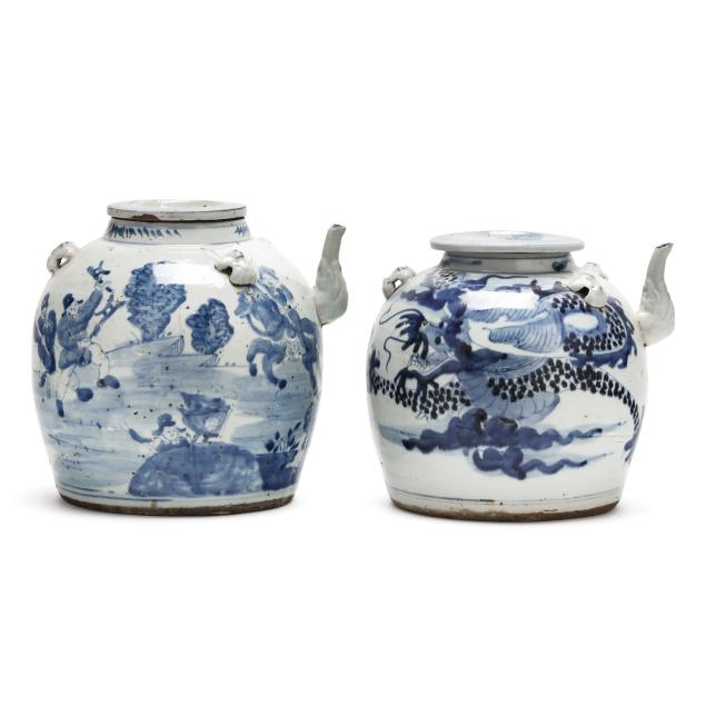 two-chinese-blue-and-white-ming-style-lidded-wine-ewers