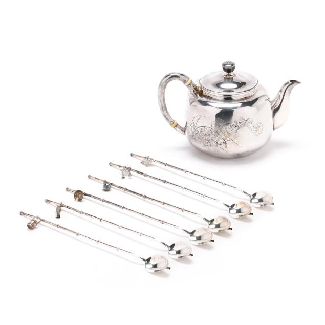 japanese-silver-teapot-and-cased-set-of-stirrers