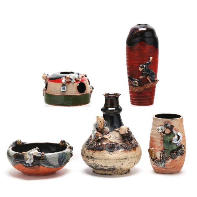 a-group-of-five-pottery-table-items-by-sumida-gawa