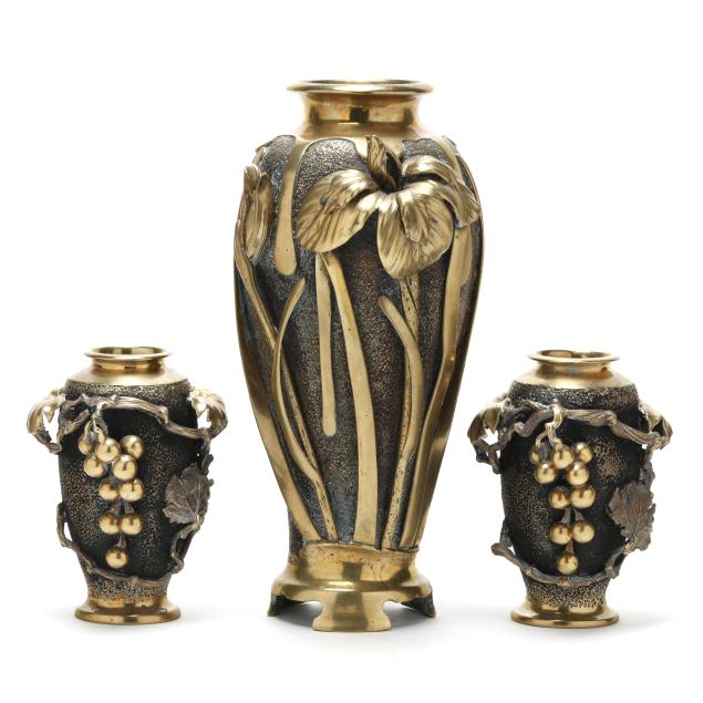 akahori-shinpei-japanese-1899-1992-three-japanese-bronze-and-gilt-vases-with-iris-and-grapes