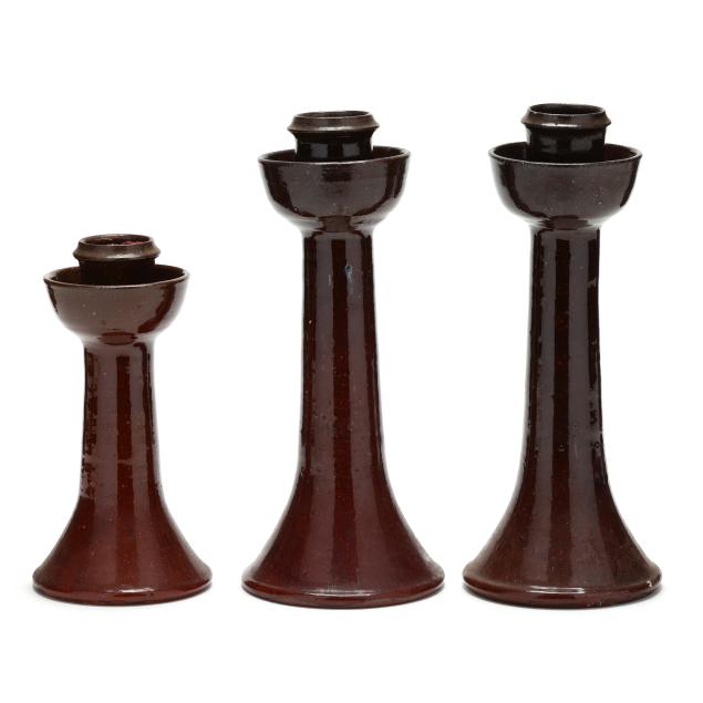 ben-owen-master-potter-seagrove-nc-1904-1983-three-brown-pottery-candlesticks