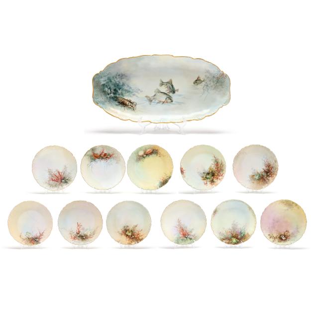 antique-limoges-fish-and-coral-porcelain-platter-and-plates