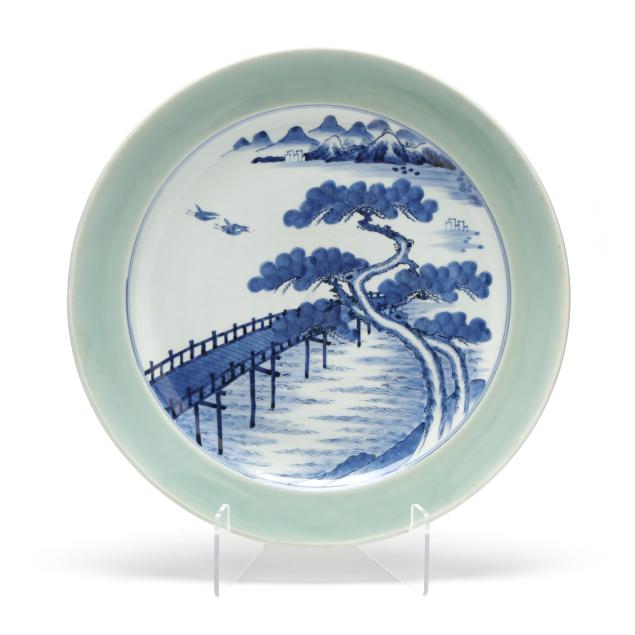 a-large-japanese-sometsuke-celadon-charger-with-landscape