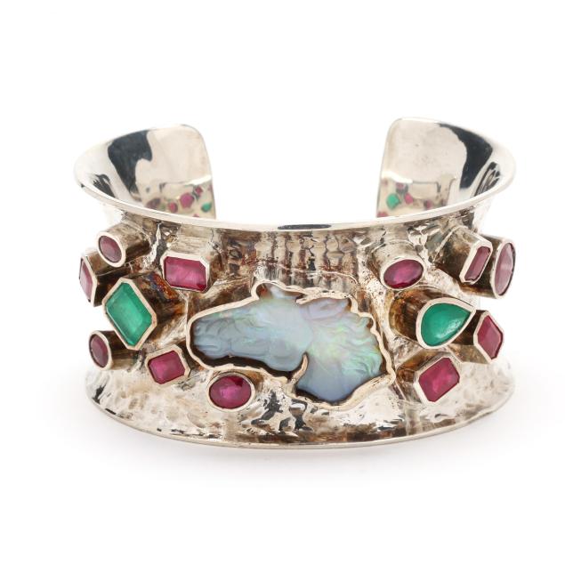 silver-opal-ruby-and-emerald-equestrian-motif-cuff-bracelet-tony-nemyer-for-metallicity