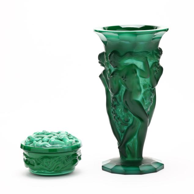 two-czech-art-deco-malachite-glass-tabletop-accessories