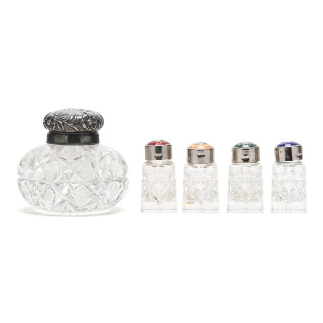 five-silver-plated-mounted-glass-bottles