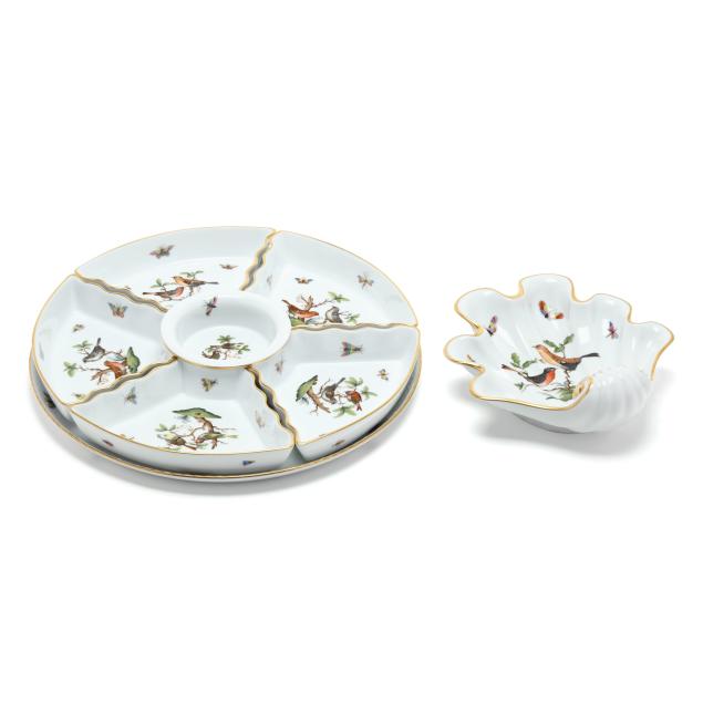 herend-i-rothschild-bird-i-seven-piece-porcelain-hors-d-oeuvres-set-and-a-shell-dish