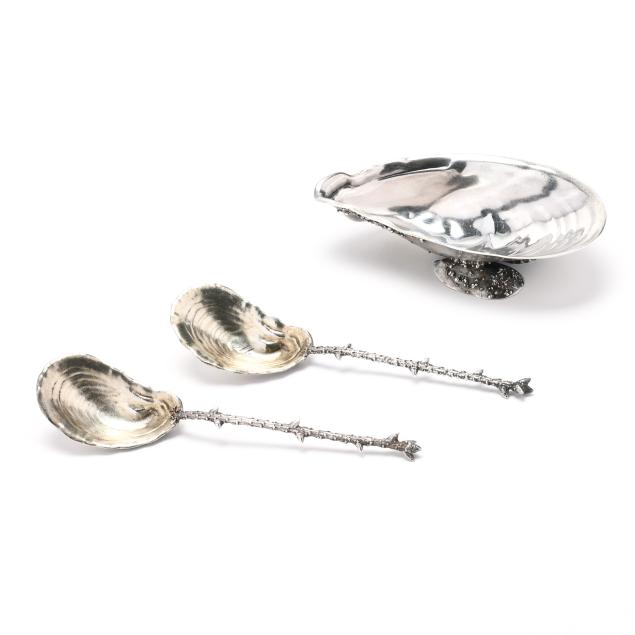 an-antique-gorham-sterling-silver-salted-almond-dish-and-two-spoons
