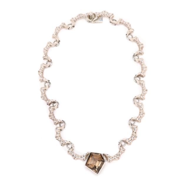 silver-and-smoky-quartz-bamboo-motif-necklace-mexico