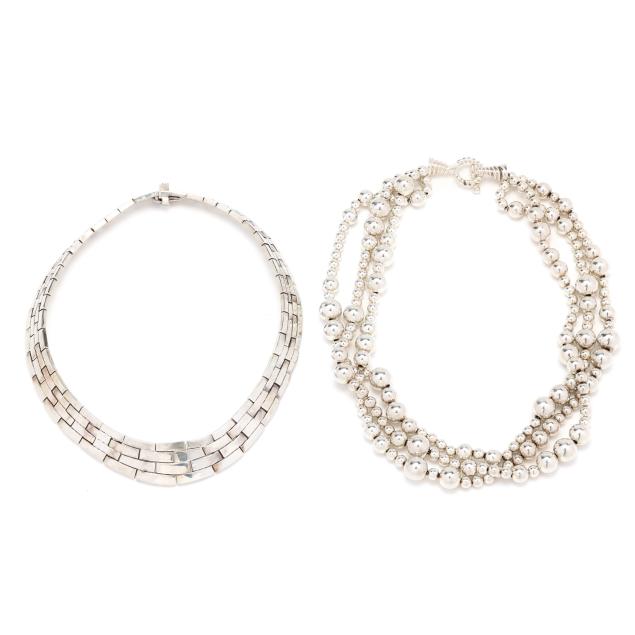 a-silver-beaded-necklace-tiffany-co-and-a-silver-brick-link-necklace-mexico