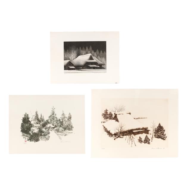 three-japanese-prints-of-houses-in-the-snow