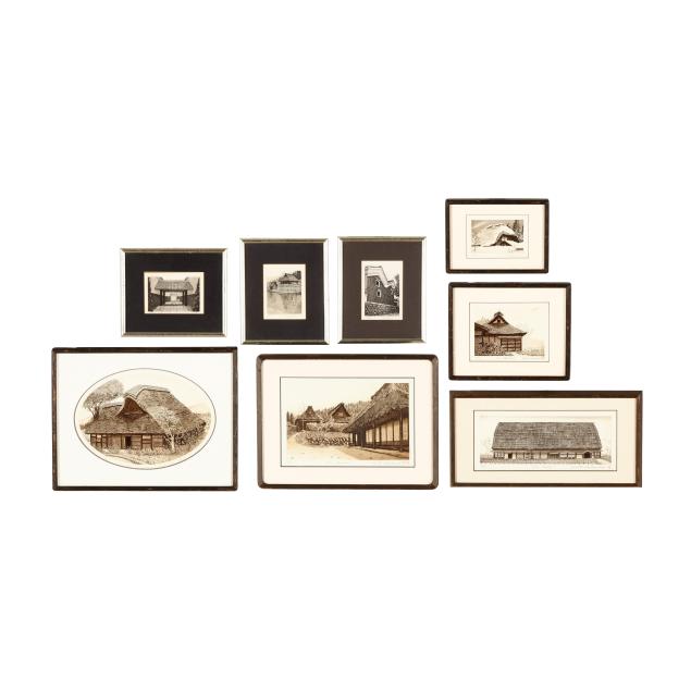 hiroto-norikane-japanese-b-1949-eight-etchings-of-japanese-farm-houses