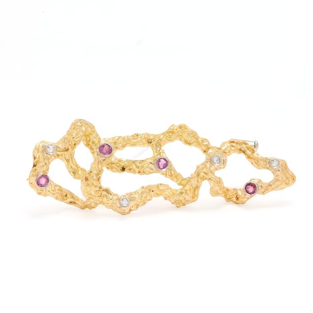 vintage-gold-pink-sapphire-and-diamond-freeform-brooch-italy