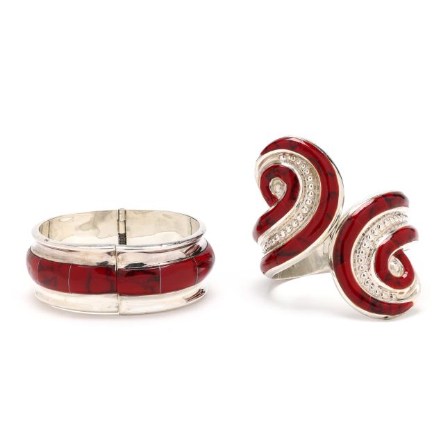 two-silver-and-red-enamel-bracelets-mexico
