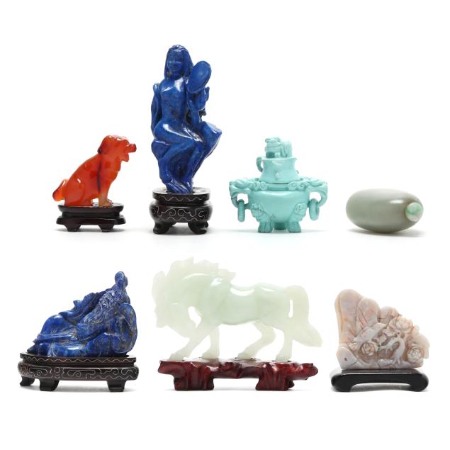 a-group-of-six-asian-carved-stone-figures-and-a-snuff-bottle