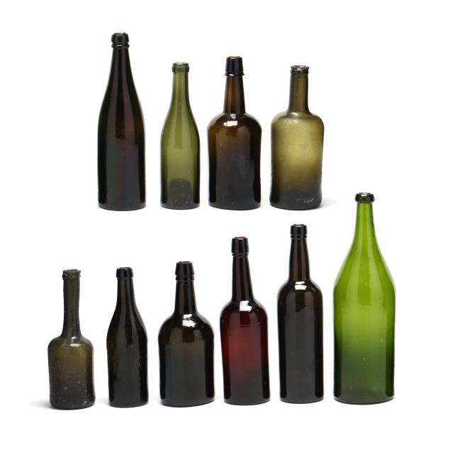 ten-antique-glass-wine-and-ale-bottles