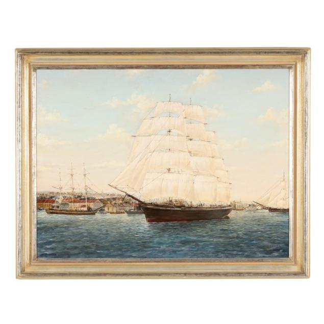 large-contemporary-painting-of-a-ship-arriving-at-harbor-signed