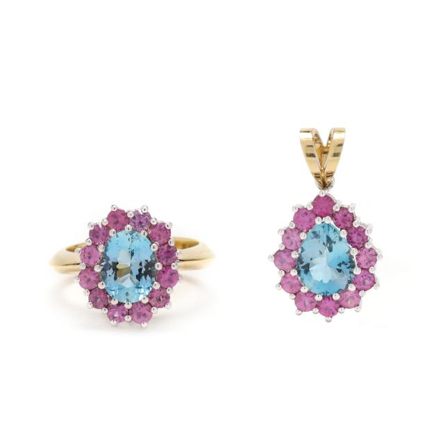 bi-color-gold-aquamarine-and-pink-sapphire-ring-and-pendant-set