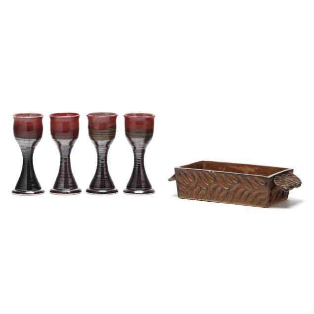 clyde-gobble-nc-1932-2014-four-pottery-goblets-and-a-baking-dish
