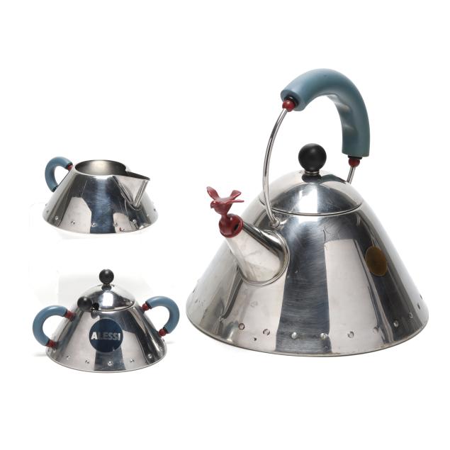 michael-graves-for-alessi-stainless-steel-tea-kettle-creamer-and-sugar
