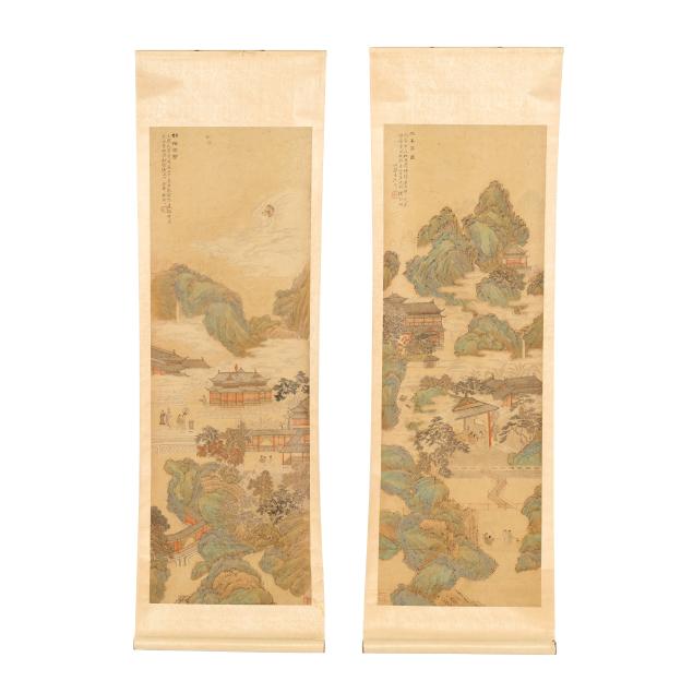 a-pair-of-chinese-paintings-of-a-mountainous-temple-landscape