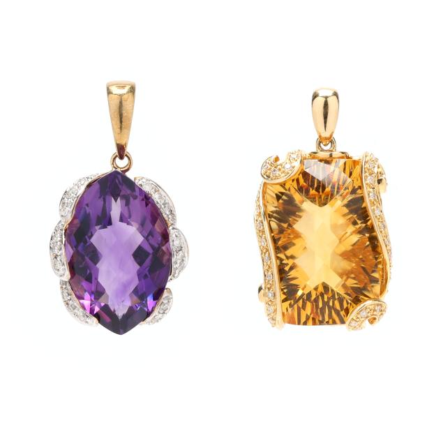 two-gold-gem-set-and-diamond-pendants